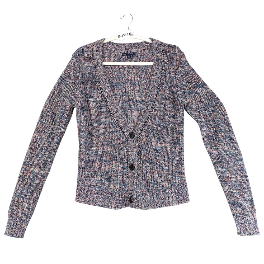 American Eagle Outfitters Confetti Blue Pink Cardigan Sweater Womens L Cotton
